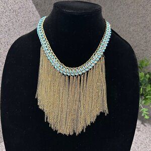 Turquoise & Gold Chain Fringe Statement Necklace With Adjustable Clasp 18"